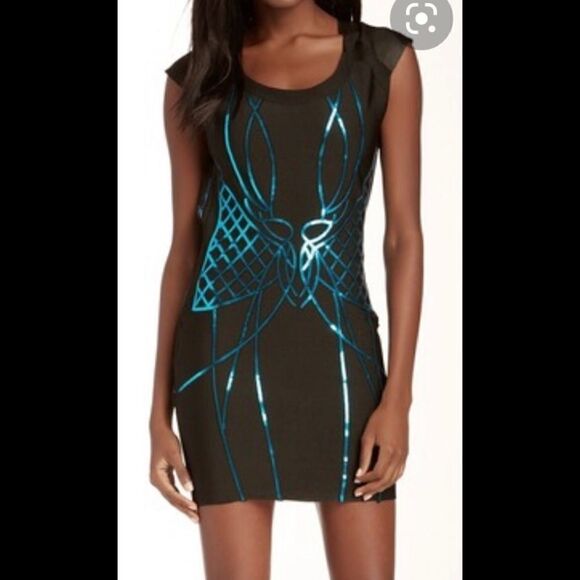 WOW couture bodycon bandage blk/turquoise sequins size lg - Picture 1 of 14